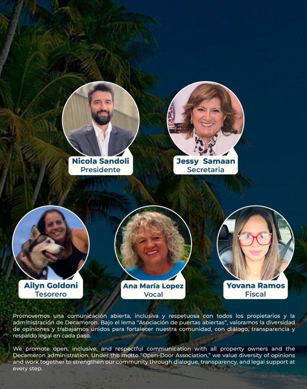 Costa Blanca Open-Door Association team graphic with Nicola Sandoli, Jessy Samaan, Ailyn Goldoni, Ana María Lopez and Yovana Ramos.